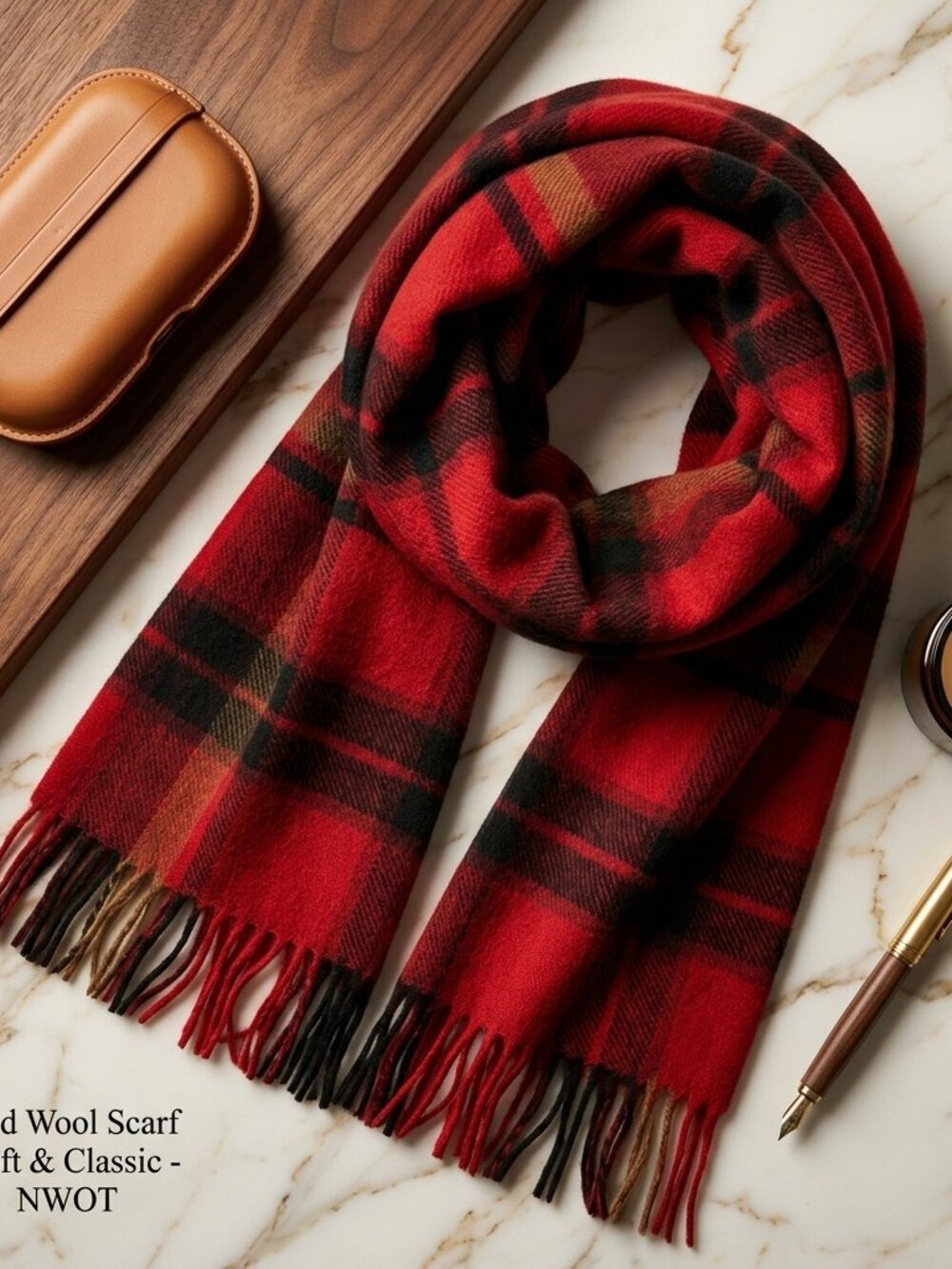 VTG NWOT Unisex Wool Long Length Scarf Fringe Plaid RedBlack Preppy Classic Soft
